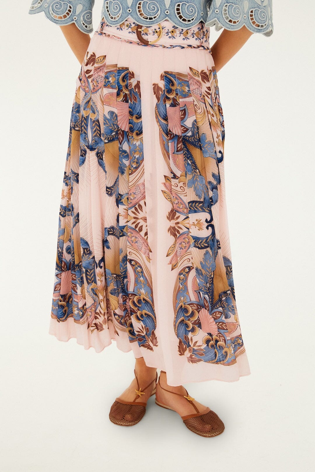 FARM Rio Shop Soft Pink Sea Garden Scarf Pleated Maxi Skirt