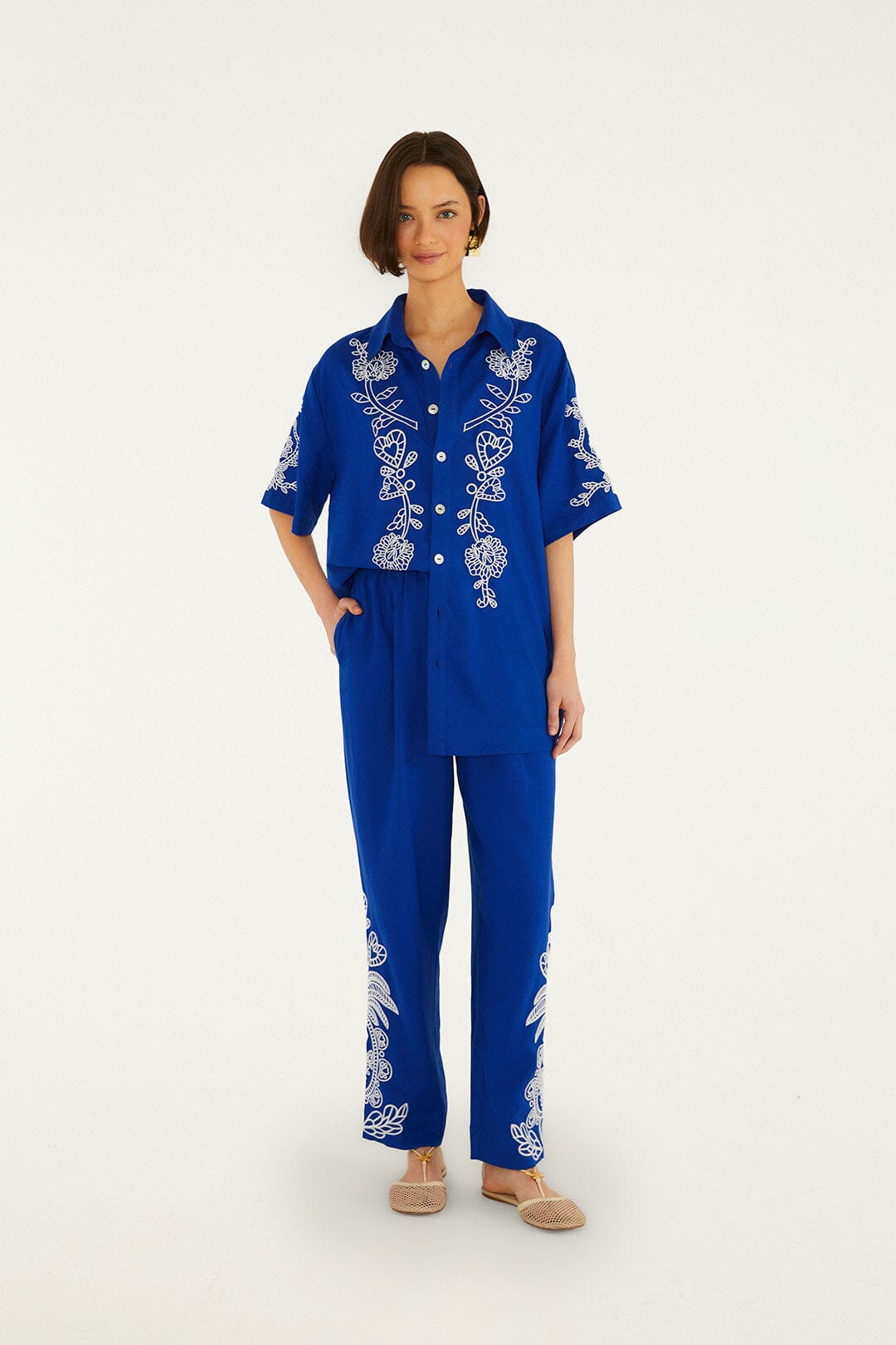 FARM Rio Shop Blue Romantic Embroidered Lenzing Ecovero Euroflax Pants