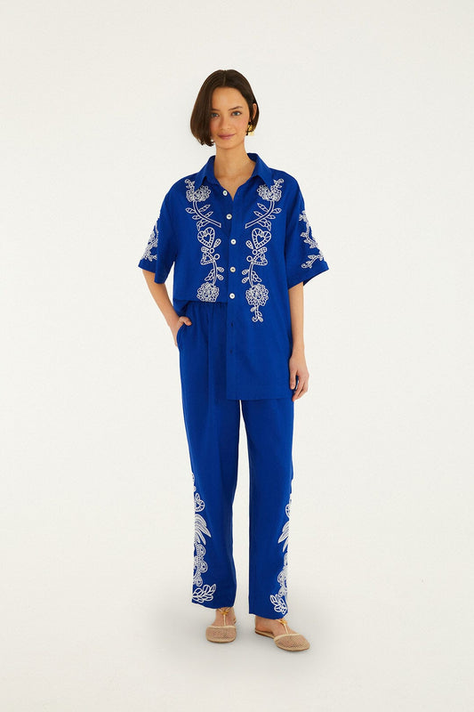 FARM Rio Shop Blue Romantic Embroidered Lenzing Ecovero Euroflax Pants