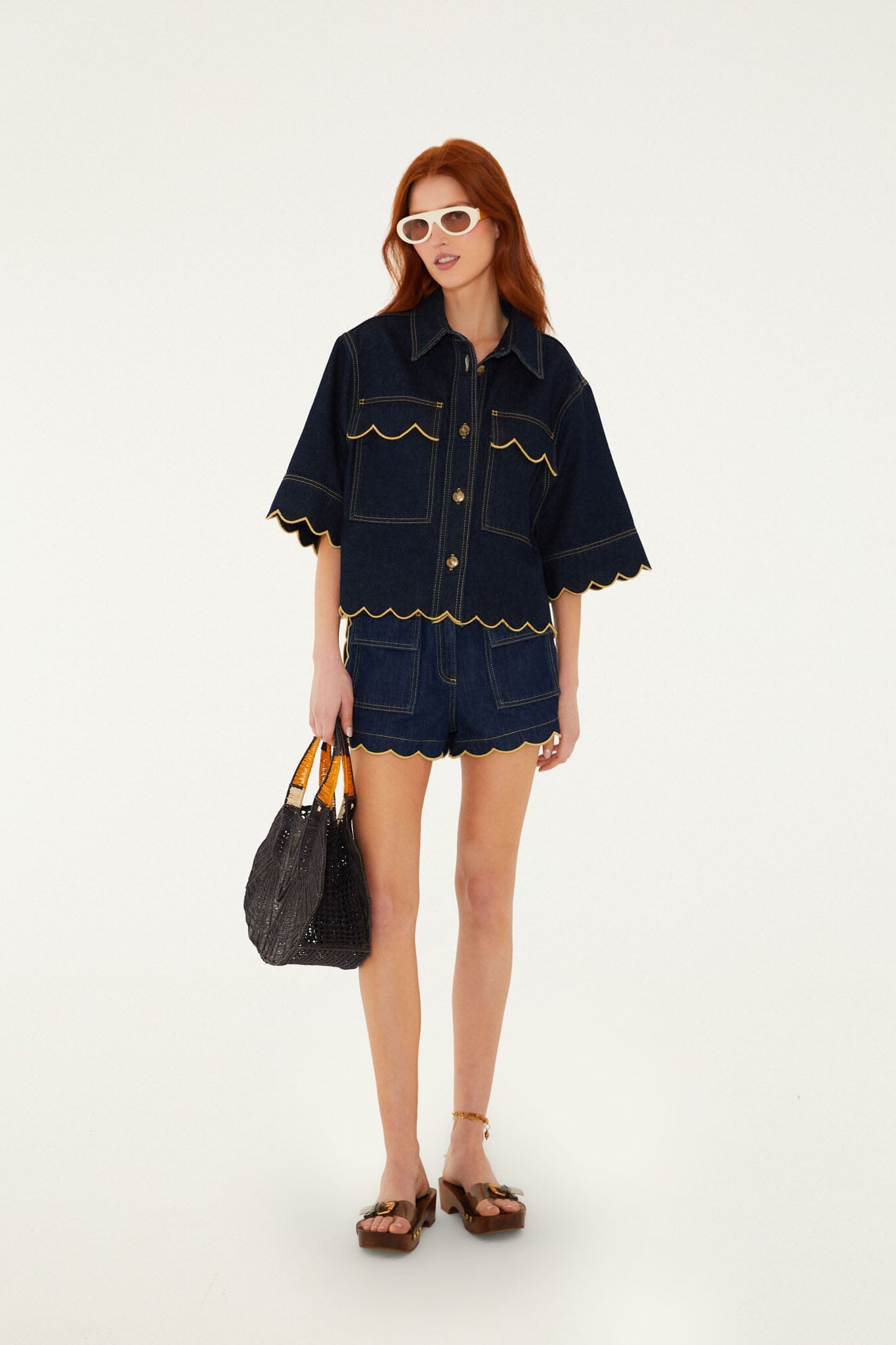 FARM Rio Shop Dark Denim Pockets Wavy Hem Shorts