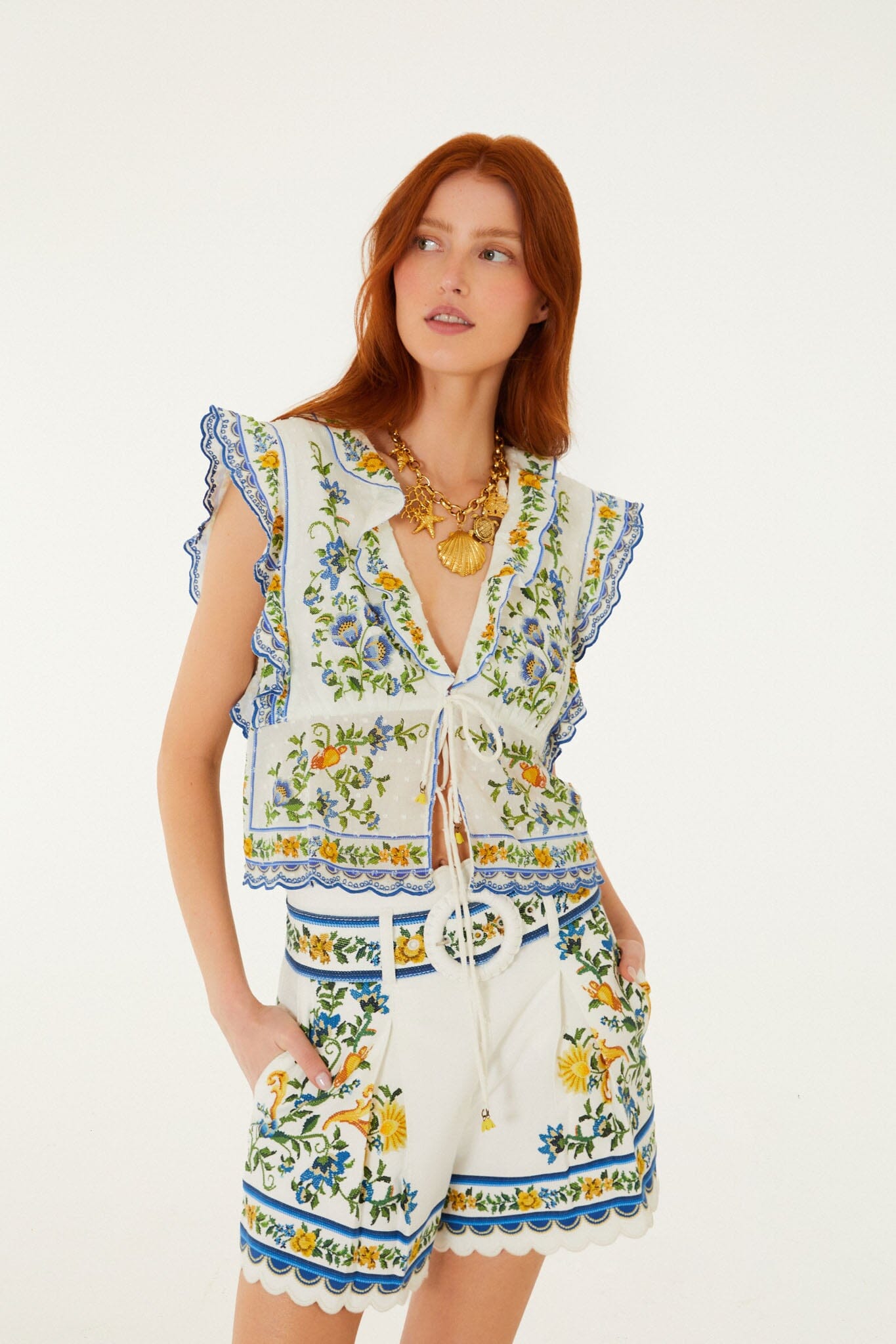 FARM Rio Shop Off-White Emily Floral Tapestry Belted Shorts