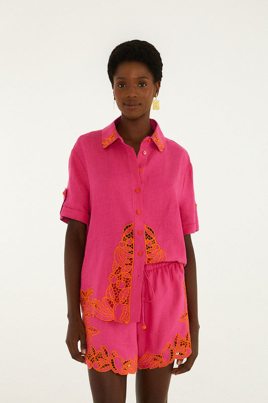 FARM Rio Shop Pink Fruit Richelieu Artisanal Euroflax Premium Linen Shorts