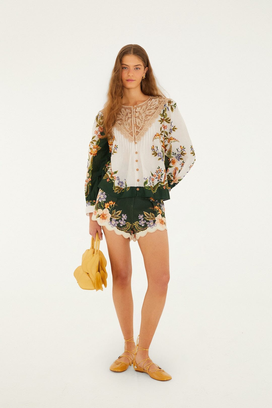 FARM Rio Shop Green Berry Garden Beaded Buckle Twill Shorts