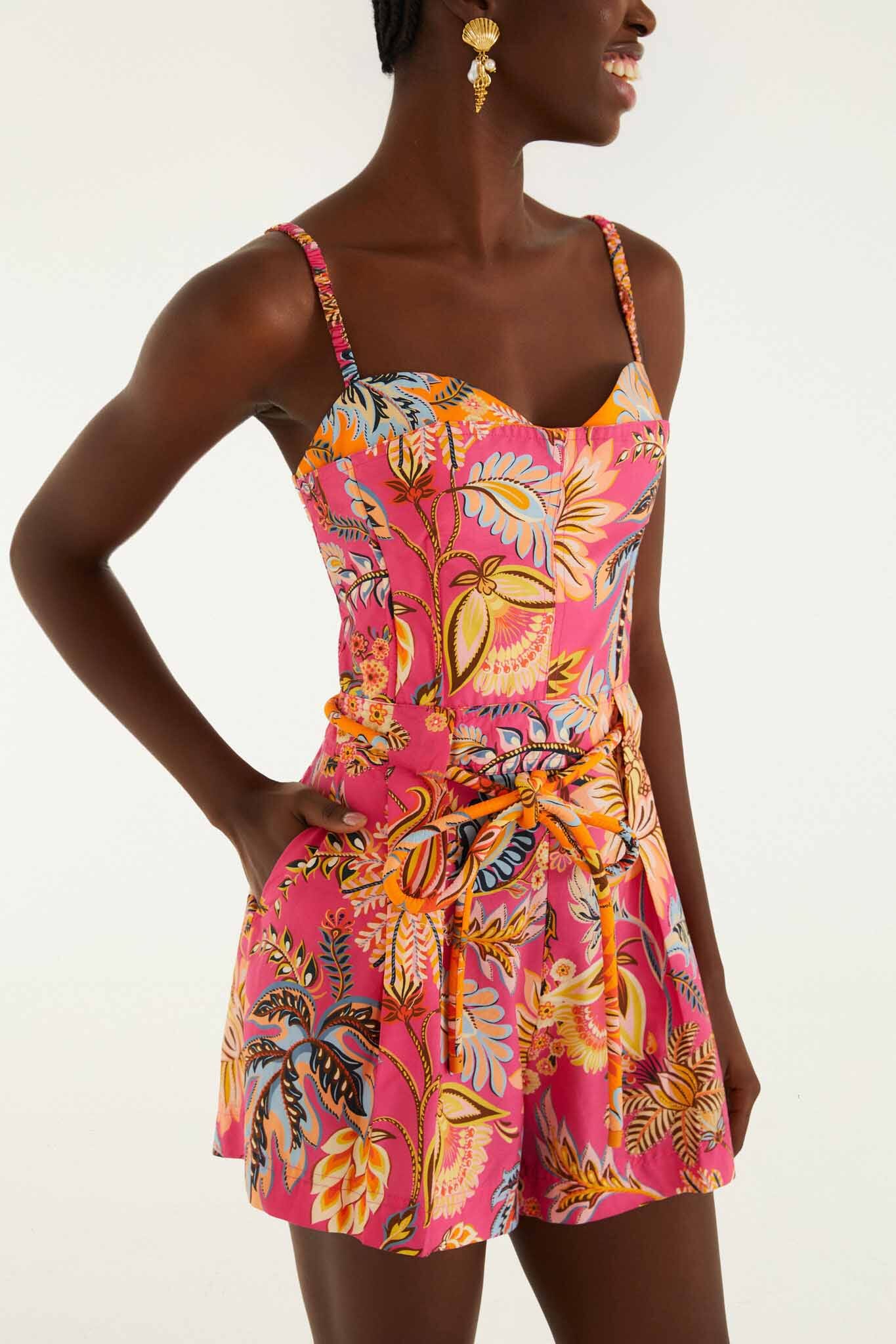 FARM Rio Shop Pink Ligia Floral Drawstring Organic Cotton Romper