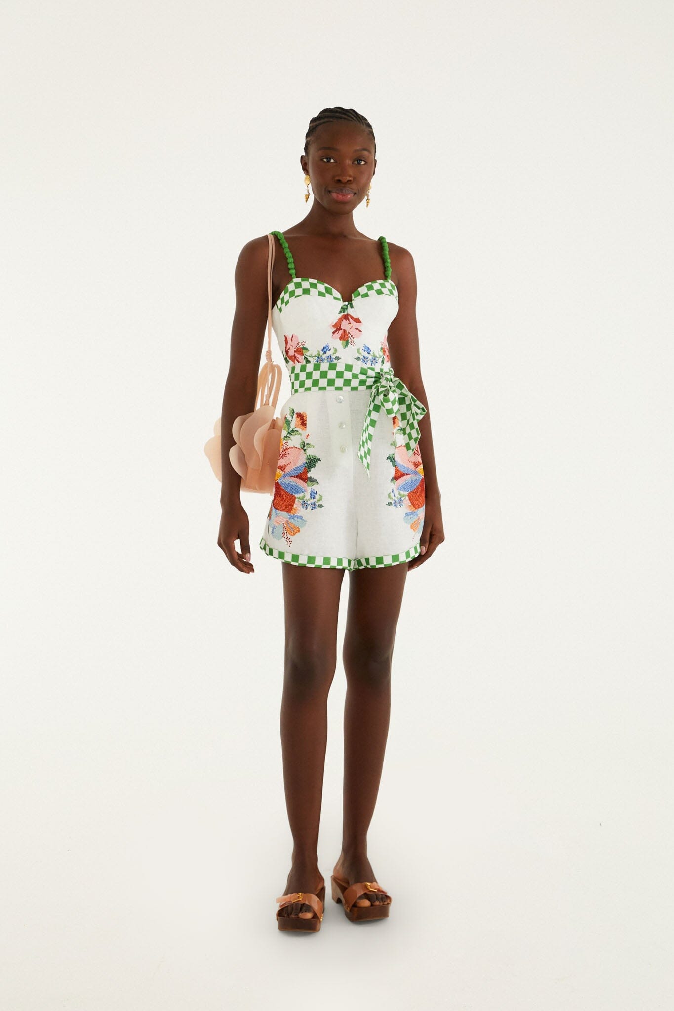 FARM Rio Shop Off-White Calm Breeze Beaded Straps Belted Romper