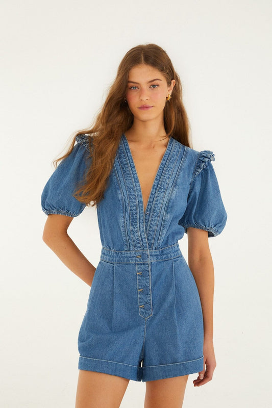 FARM Rio Shop Denim Ruffled Puff Sleeve Romper