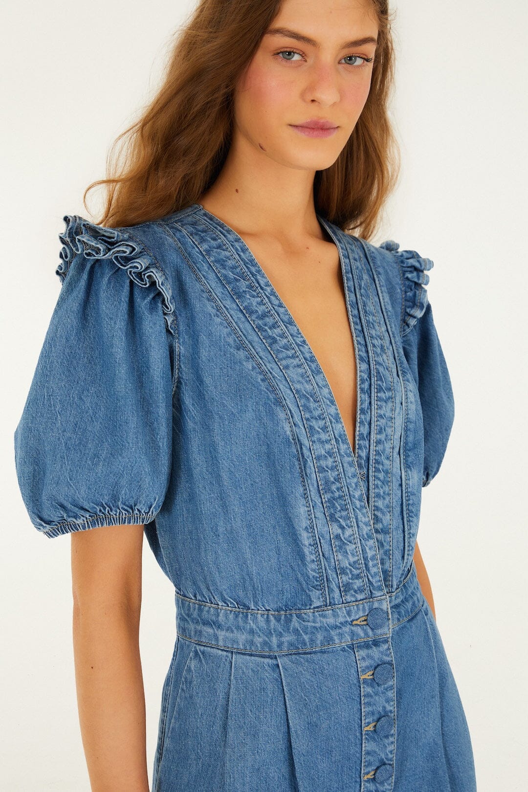 FARM Rio Shop Denim Ruffled Puff Sleeve Romper
