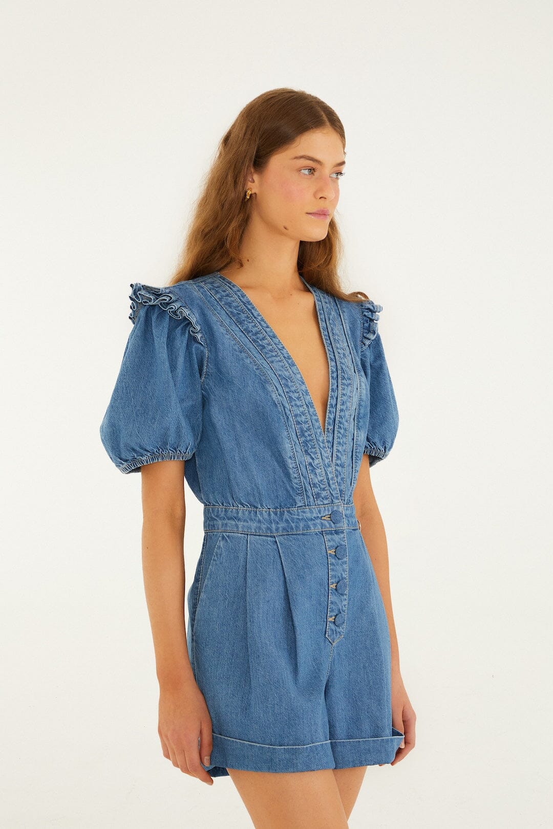 FARM Rio Shop Denim Ruffled Puff Sleeve Romper