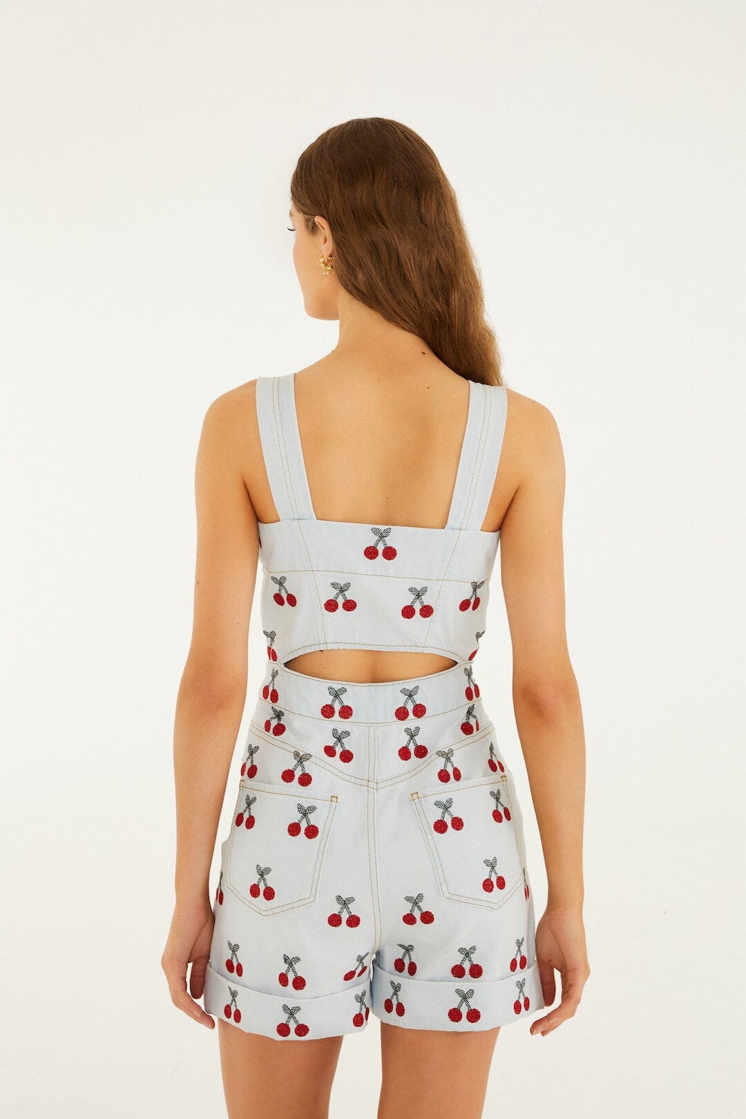 FARM Rio Shop Embroidered Cherry Denim Romper