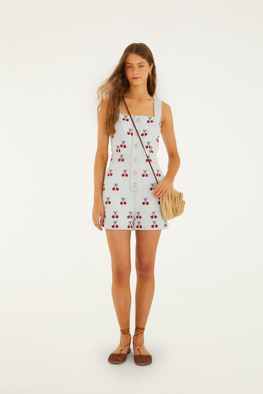 FARM Rio Shop Embroidered Cherry Denim Romper