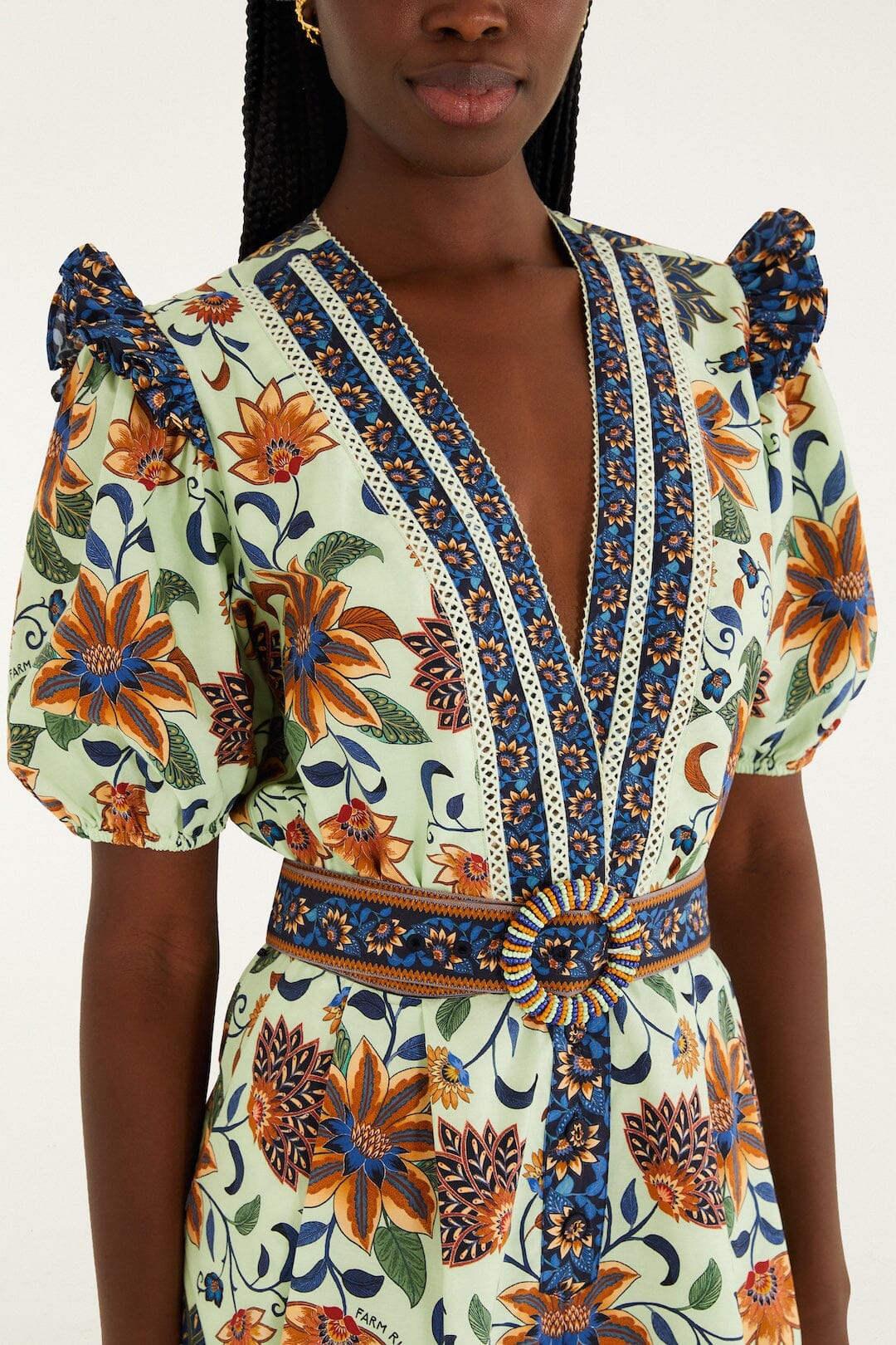 FARM Rio Shop Light Green Floral Delhi Tapestry Belted Organic Cotton Romper