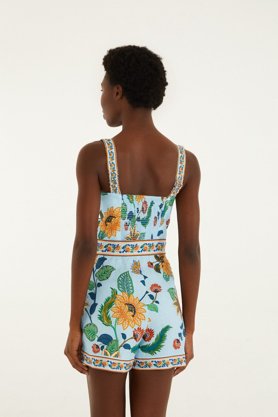 FARM Rio Shop Light Blue Floral Delhi Euroflax Premium Linen Romper