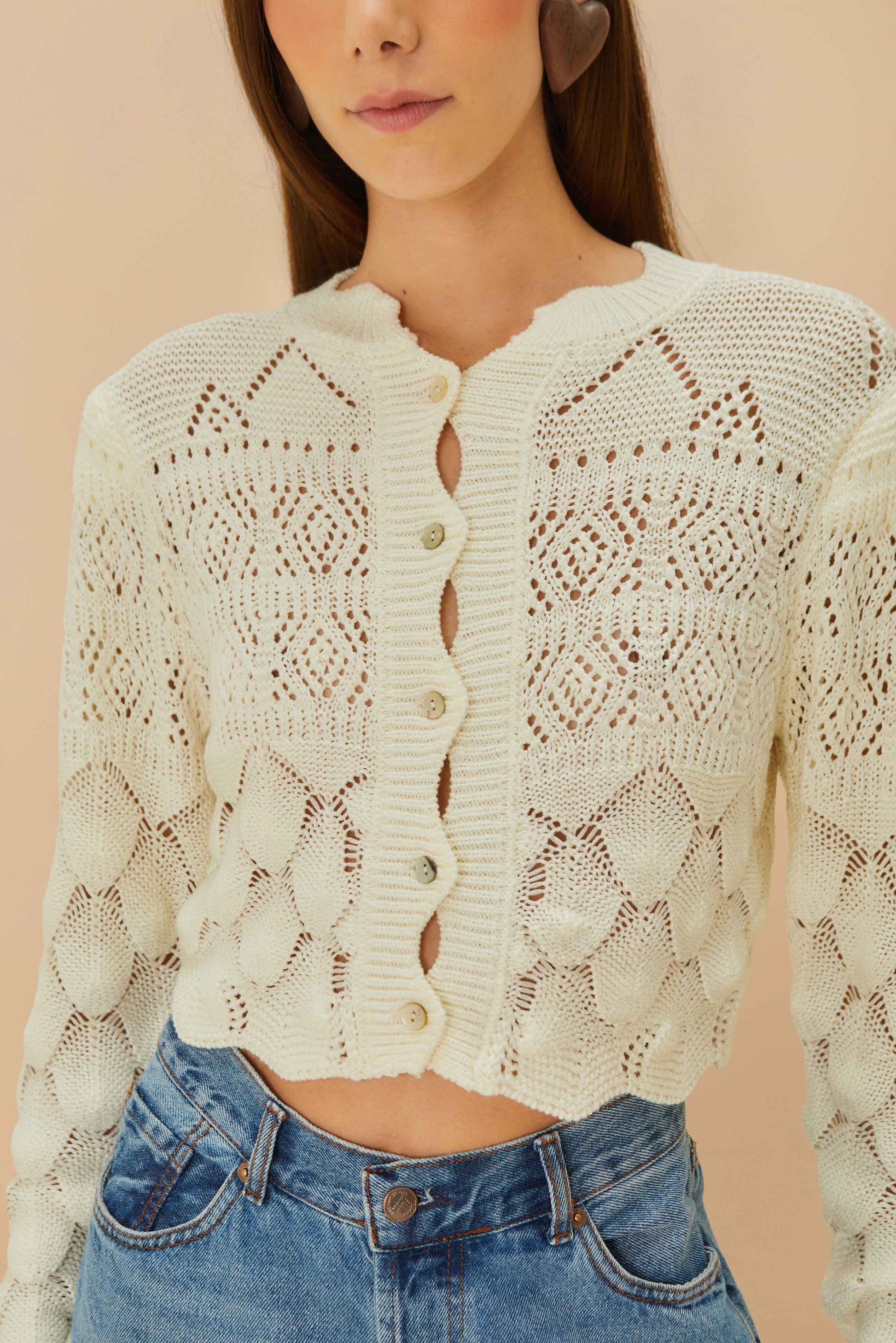 FARM Rio Shop Off-White Mixed Lace Stitch Cardigan