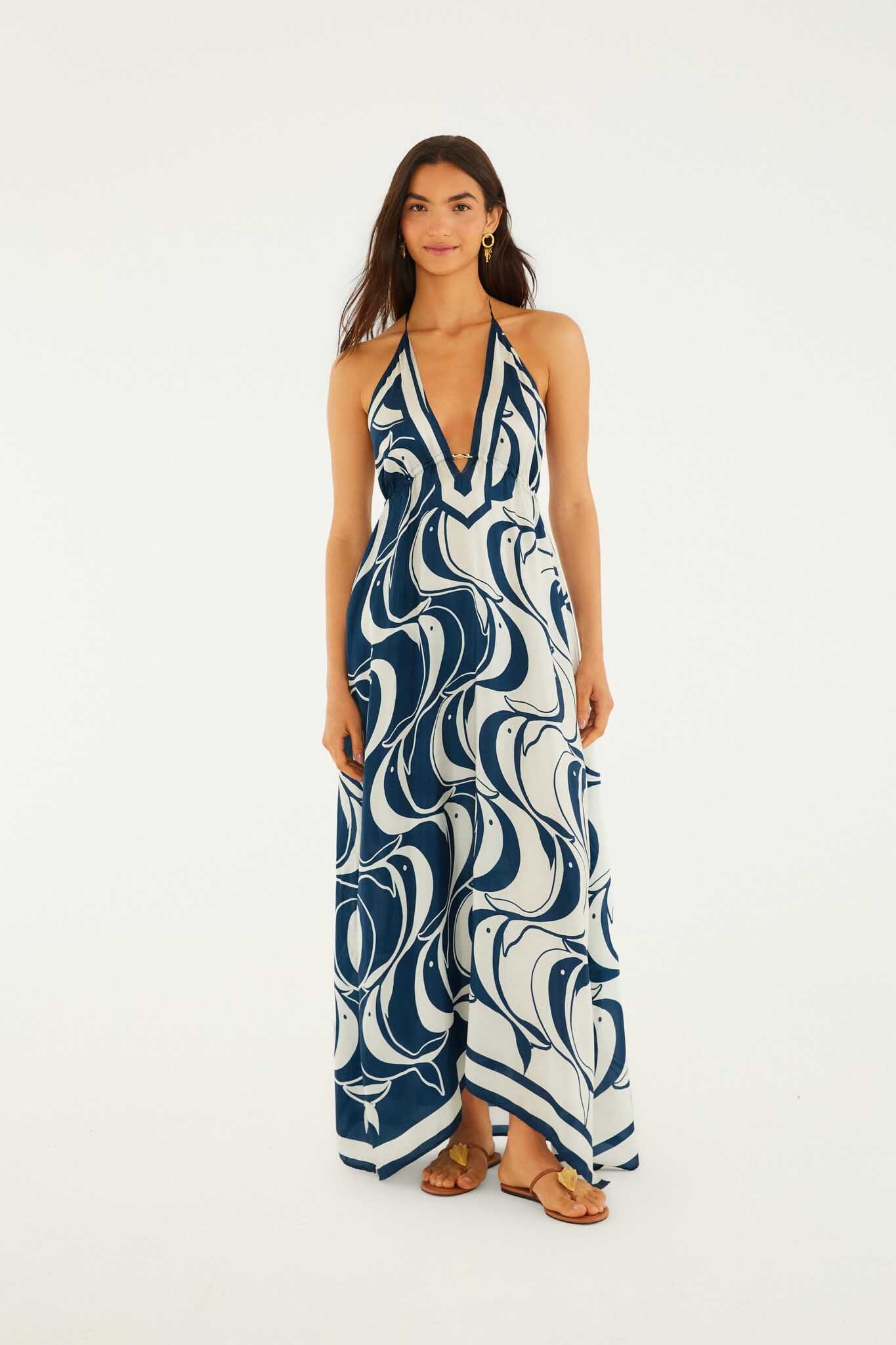 FARM Rio Shop Blue Plunging Neck Maxi Dress