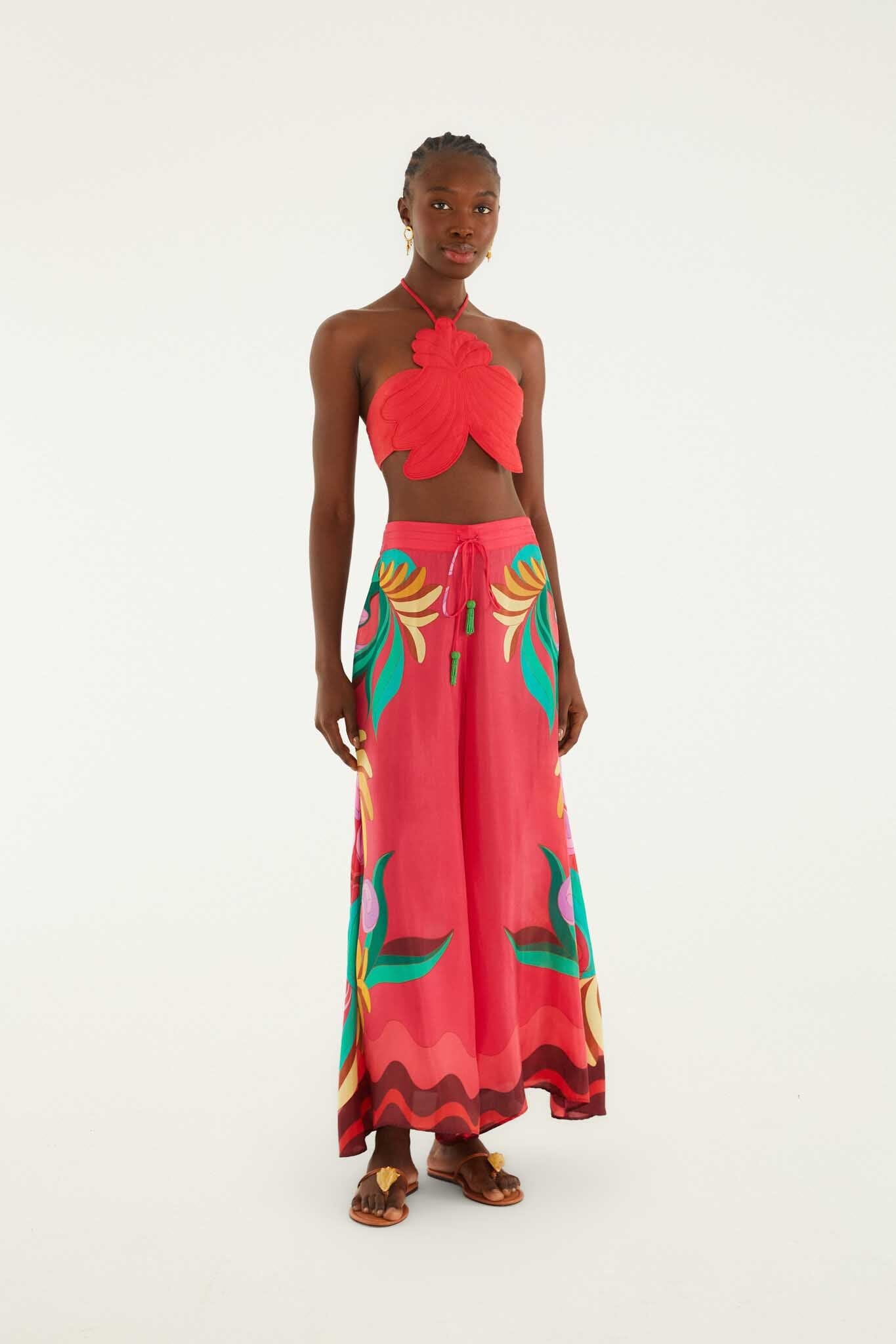 FARM Rio Shop Multicolor Nature Beaded Tasssels Wide-Leg Pants