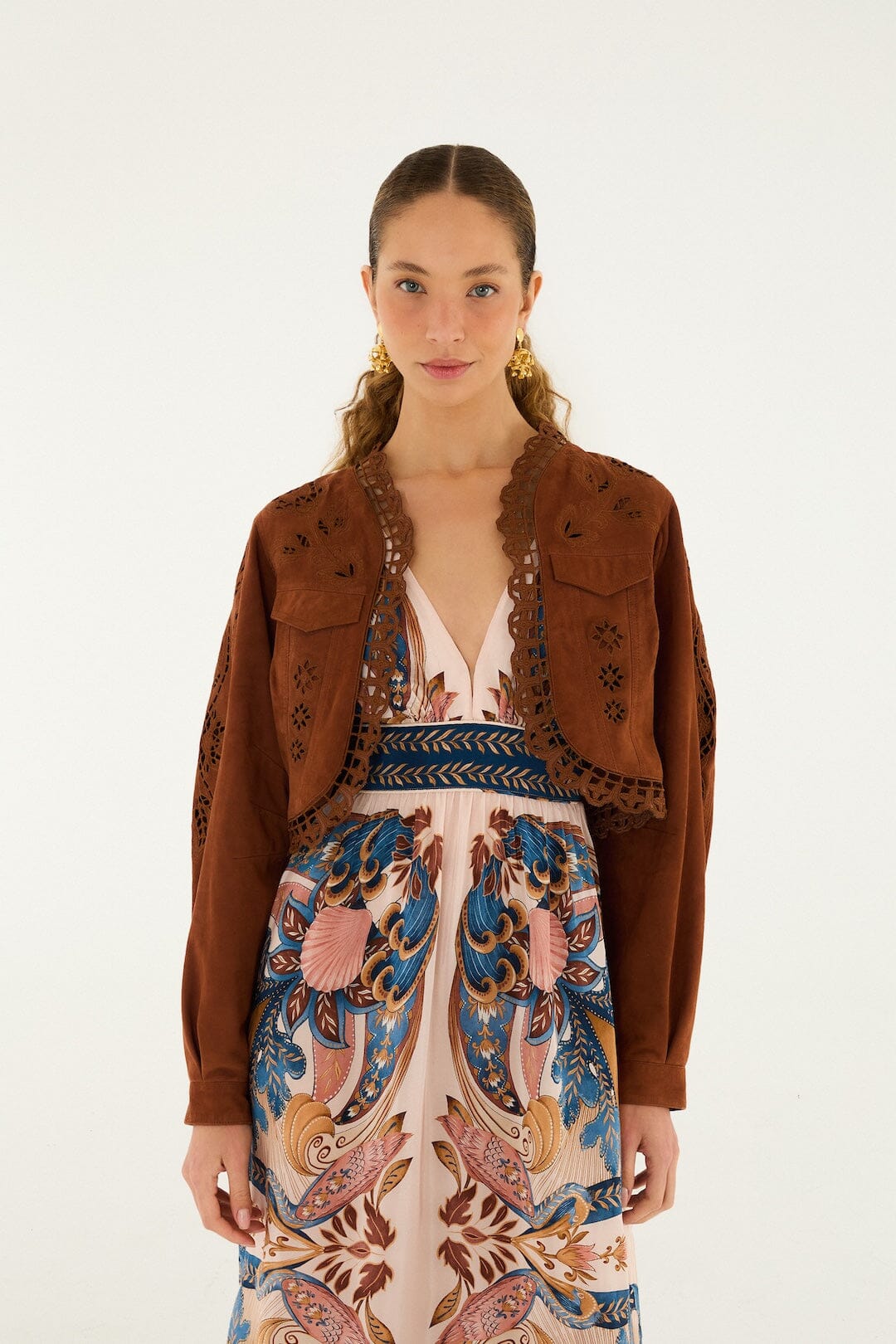 FARM Rio Shop Caramel Richelieu Cropped Leather Jacket