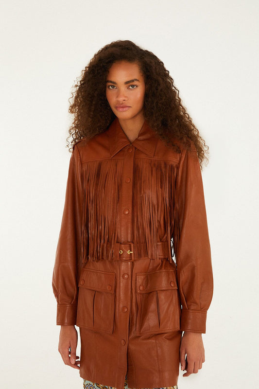 FARM Rio Shop Brown Fringes Leather Coat