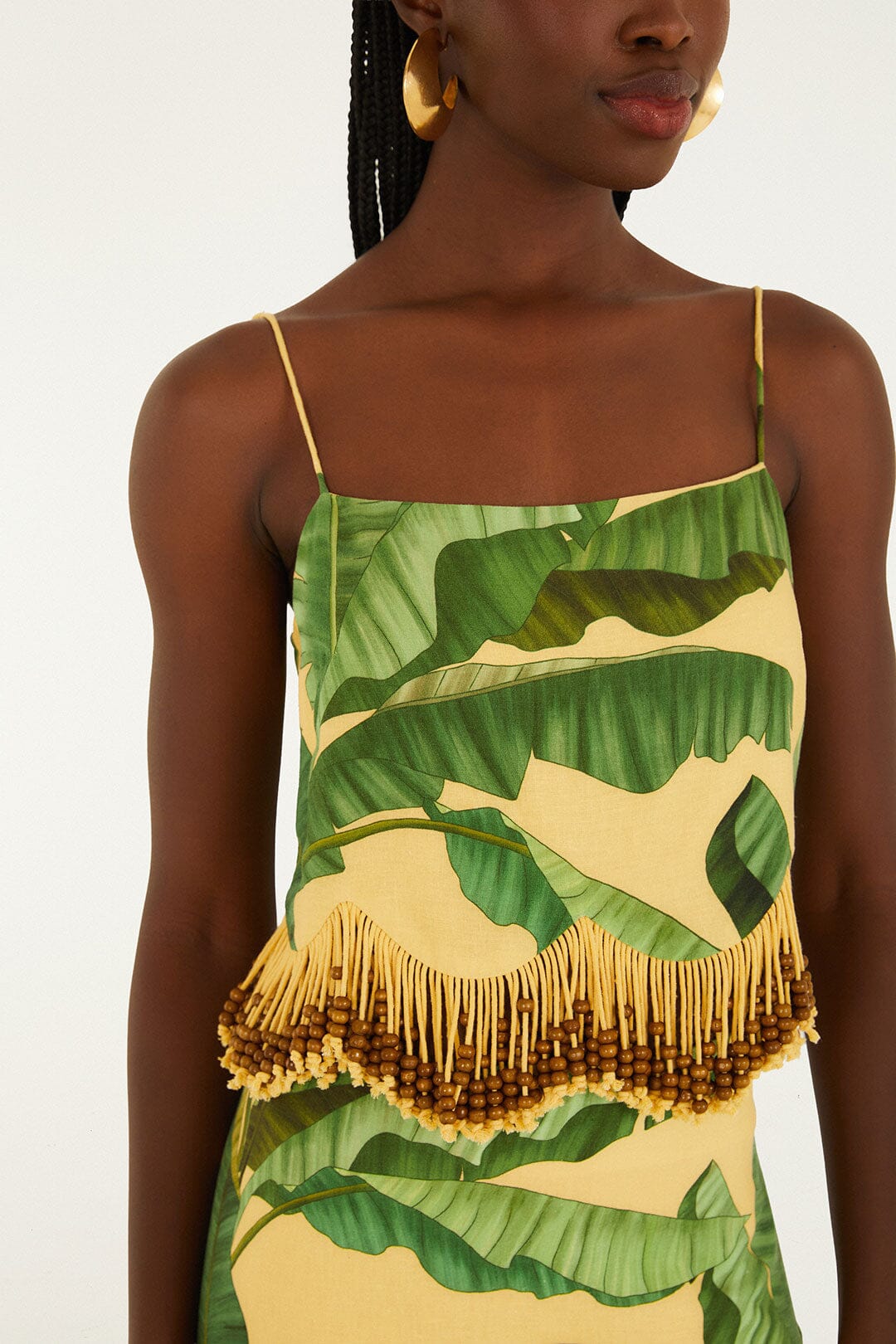 FARM Rio Shop Yellow Fruit Leaves Banana Beaded Fringes Sleeveless Top