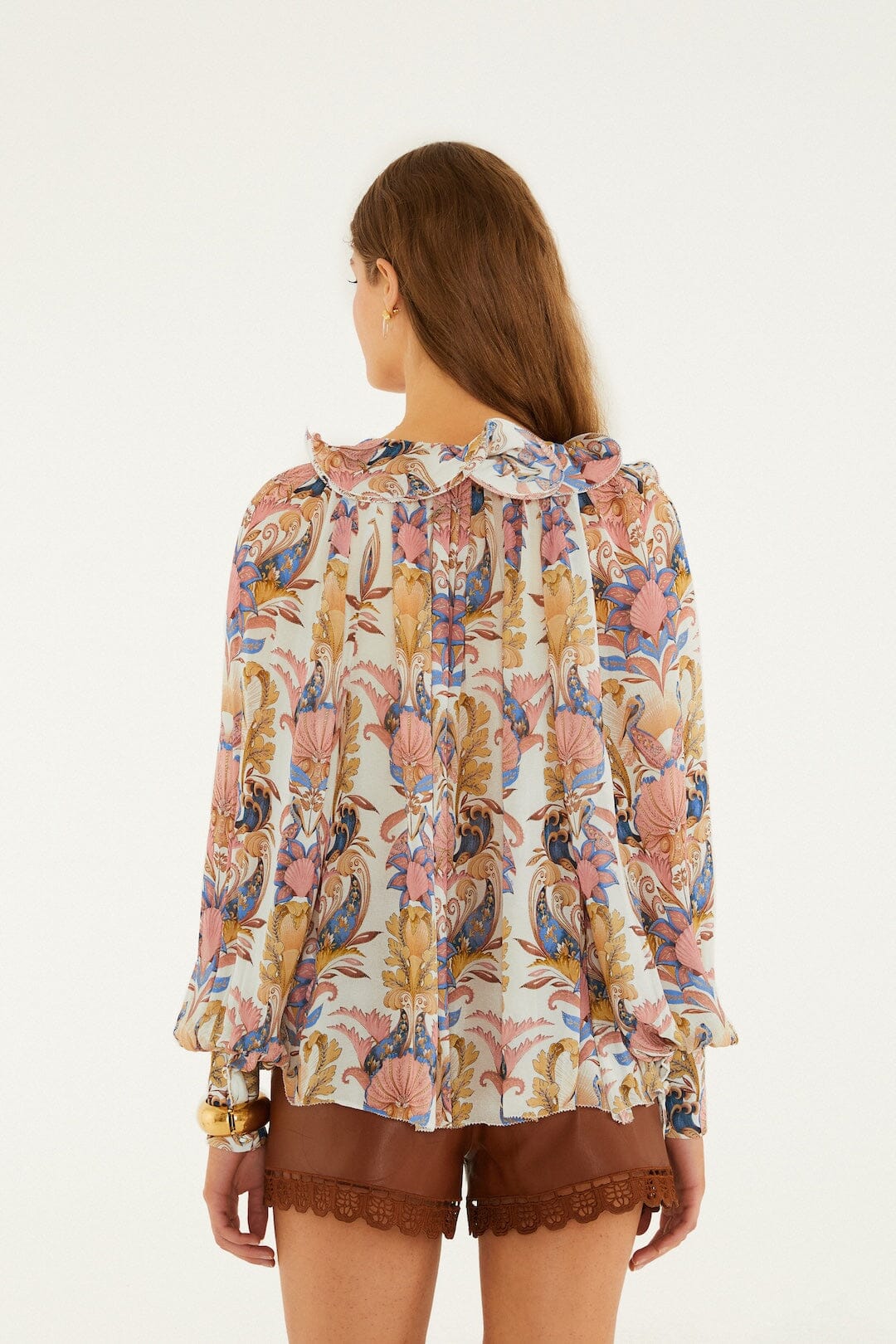 FARM Rio Shop Off-White Sea Garden Ruffled Long Sleeve Blouse