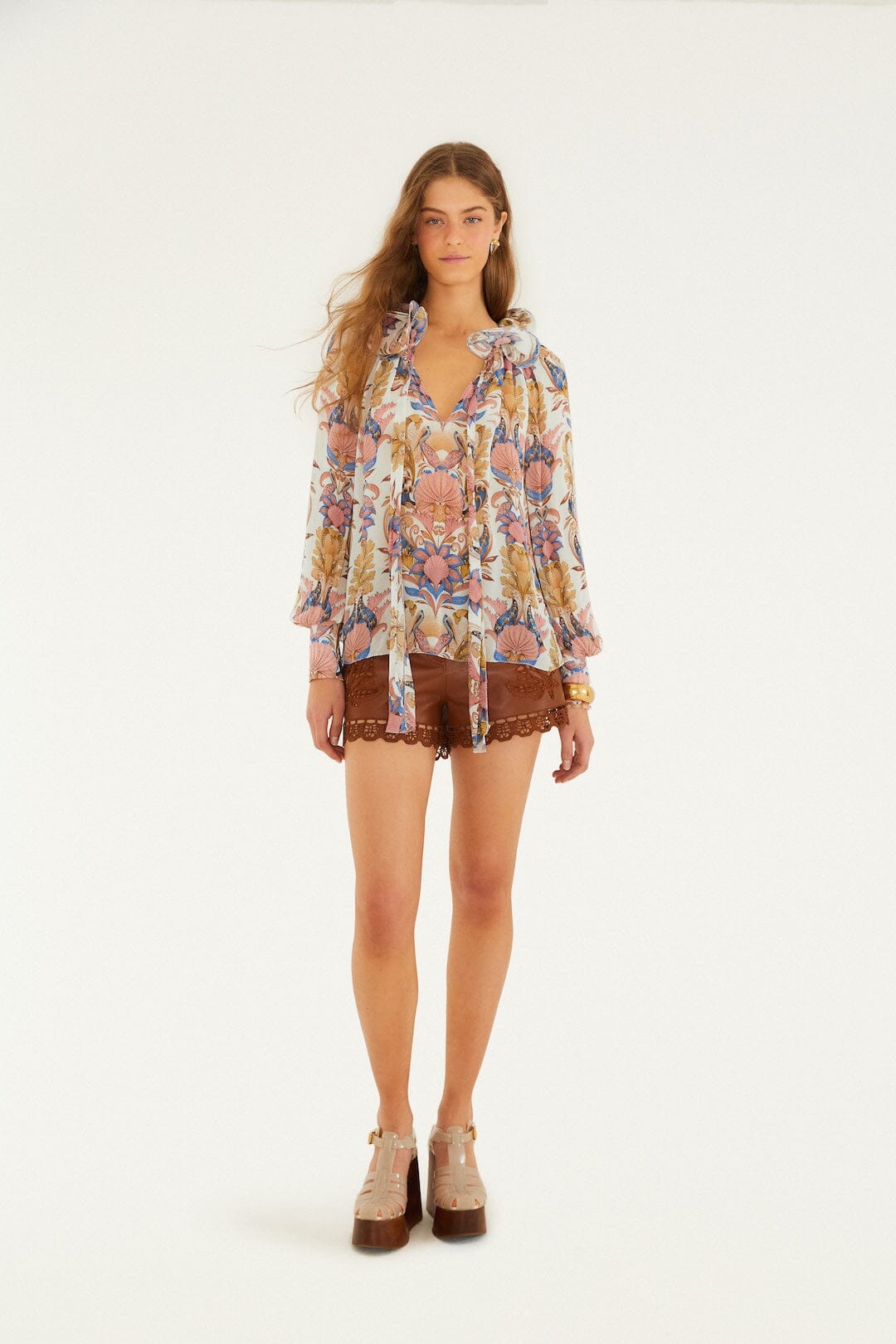 FARM Rio Shop Off-White Sea Garden Ruffled Long Sleeve Blouse