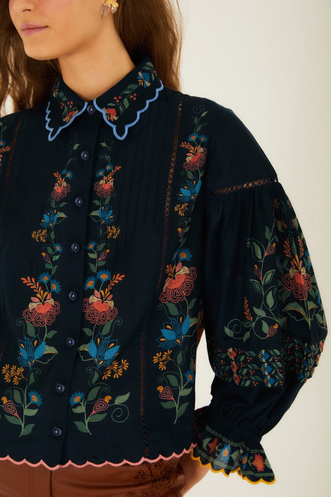 FARM Rio Shop Navy Blue Stitched Garden Wavy Hem Blouse