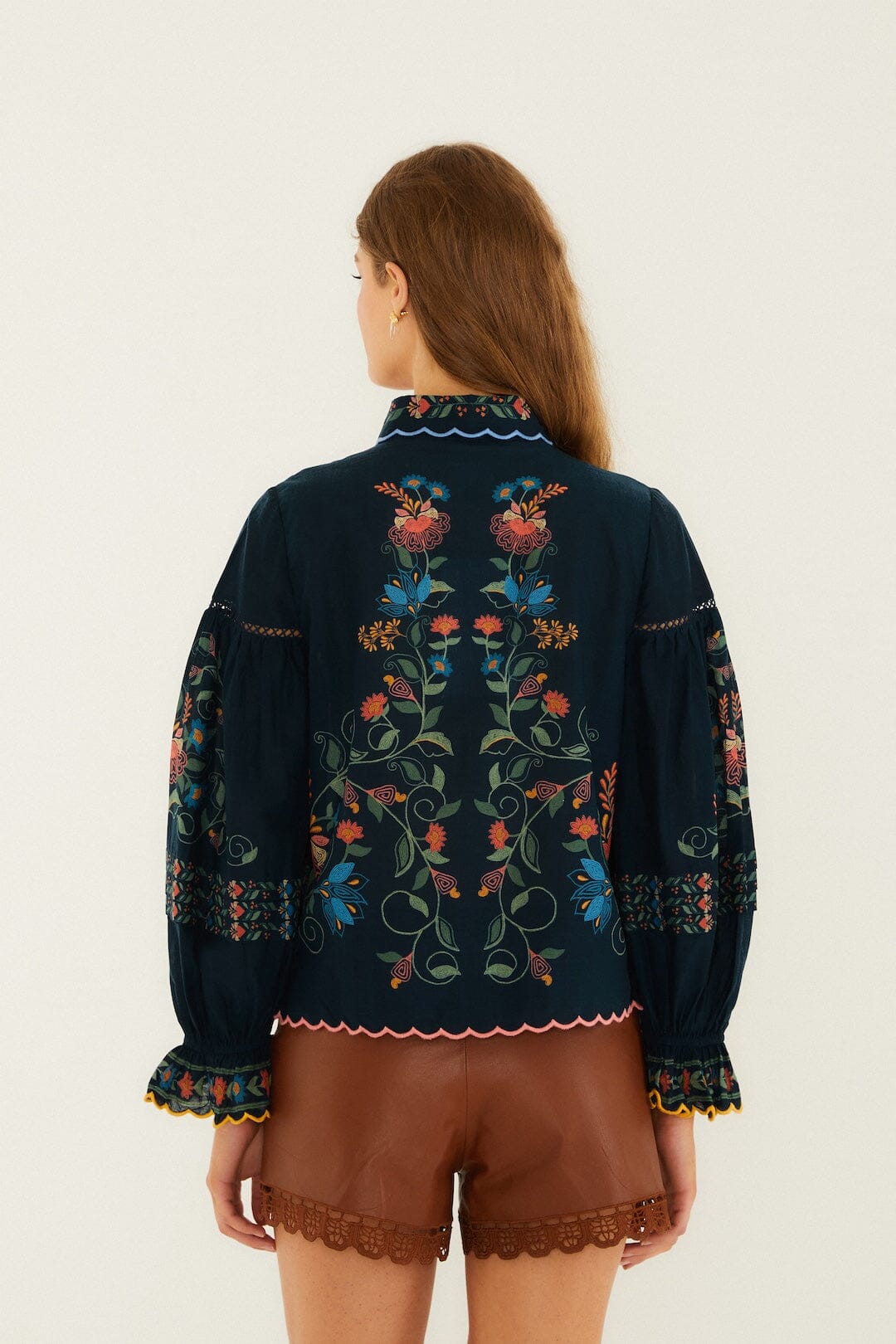 FARM Rio Shop Navy Blue Stitched Garden Wavy Hem Blouse