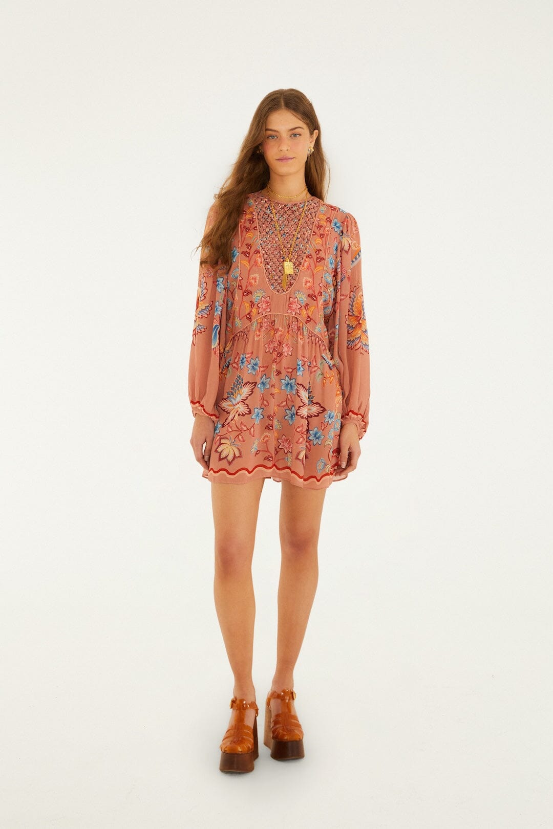 FARM Rio Shop Mocha Boho Enhance Lace Long Sleeve Mini Dress