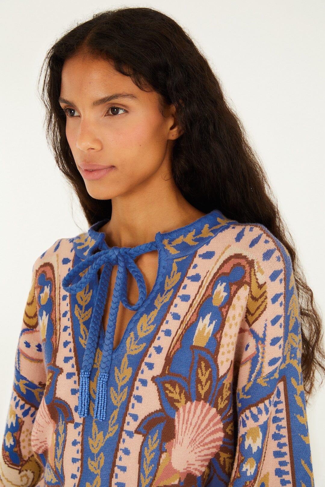 FARM Rio Shop Blue Sea Garden Scarf Tassels Knit Mini Dress