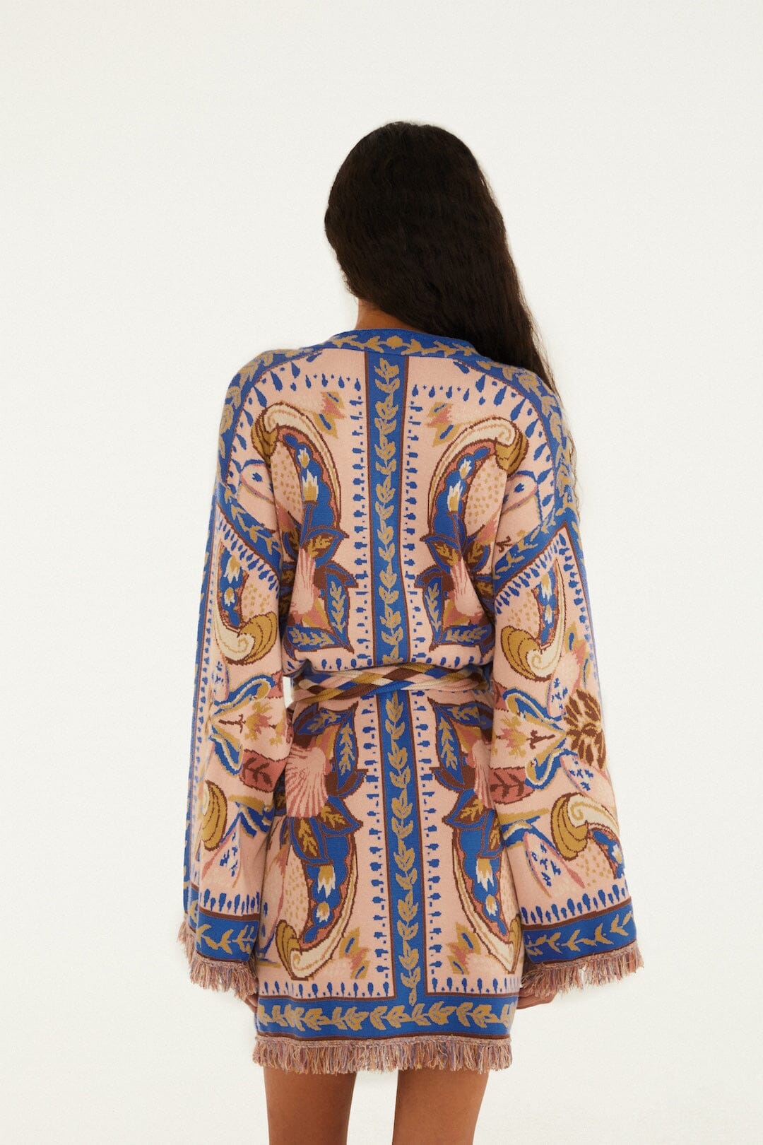 FARM Rio Shop Blue Sea Garden Scarf Tassels Knit Mini Dress