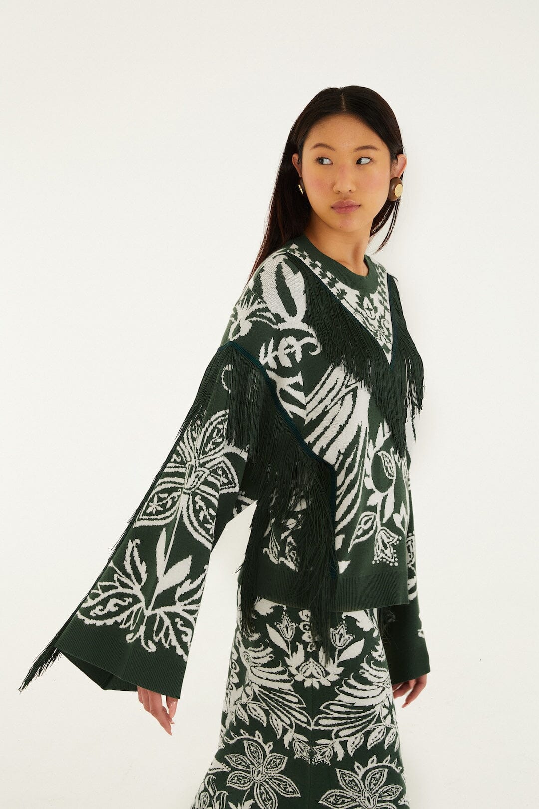 FARM Rio Shop Dark Green Miranda Fringes Knit Sweater