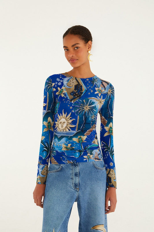 FARM Rio Shop Blue Mystical Long Sleeve Jersey Blouse