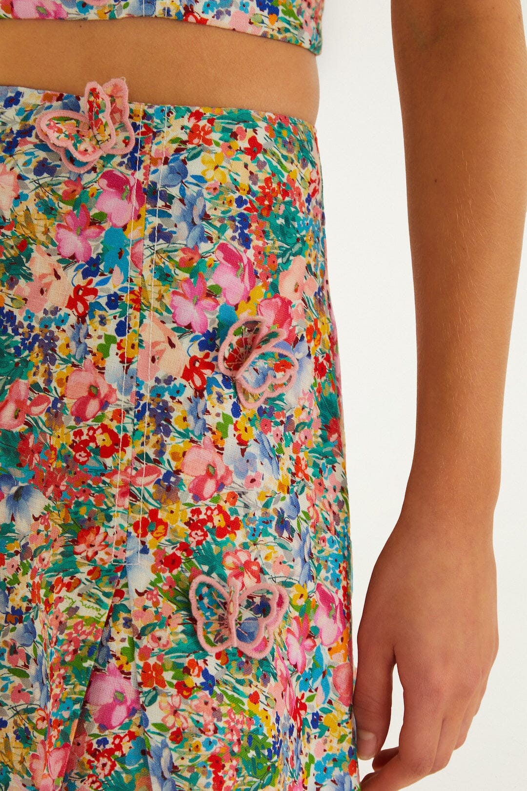 FARM Rio Shop Off-White Peasant Floral Butterflies Euroflax Premium Linen Maxi Skirt