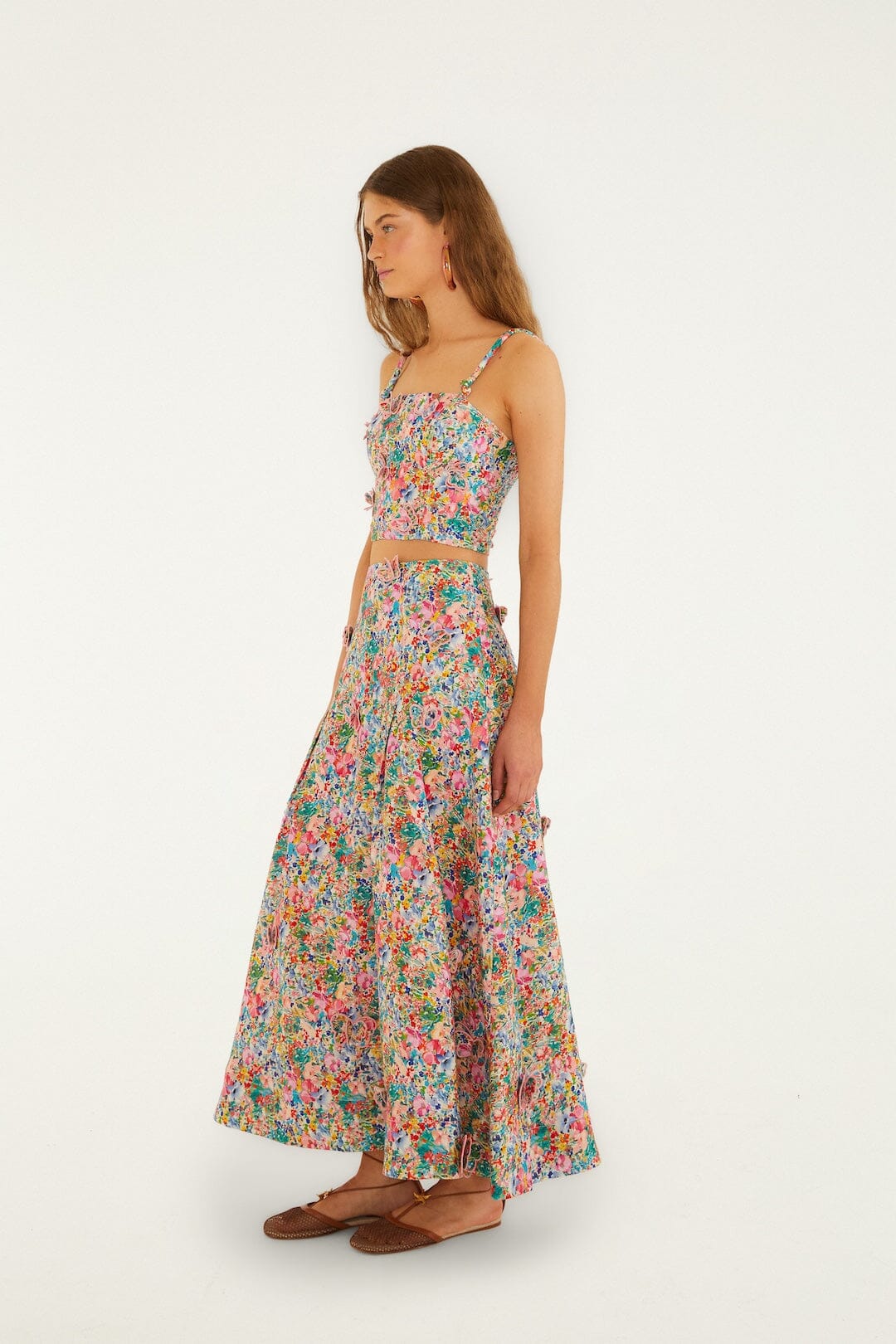 FARM Rio Shop Off-White Peasant Floral Butterflies Euroflax Premium Linen Maxi Skirt