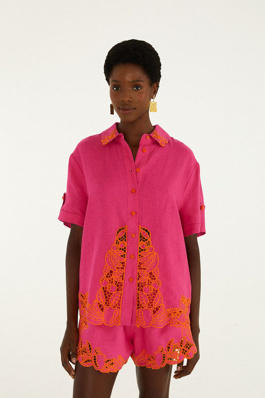 FARM Rio Shop Pink Fruit Richelieu Artisanal Euroflax Premium Linen Shirt