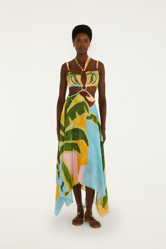 FARM Rio Shop Multicolor Tropical Painting Cut-Out Buckles Maxi Dress