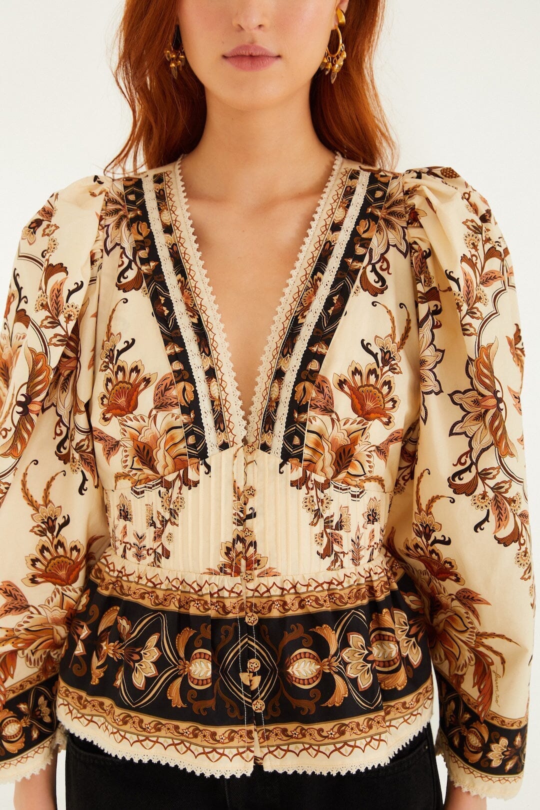 FARM Rio Sale Sand Majestic Garden Lace Puff Sleeve Organic Cotton Blouse