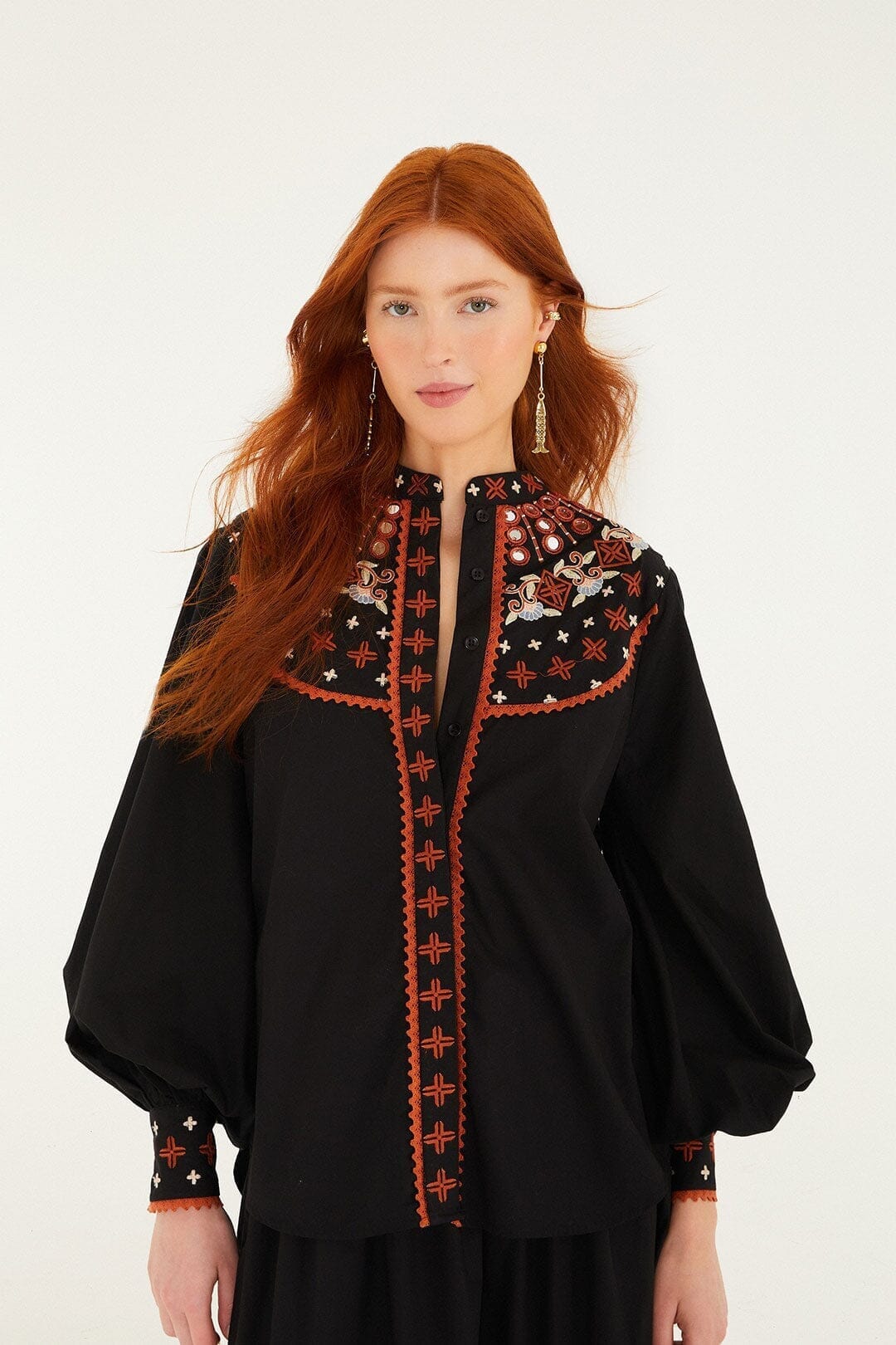 FARM Rio Sale Black Embroidered Buttoned Long Sleeve Shirt