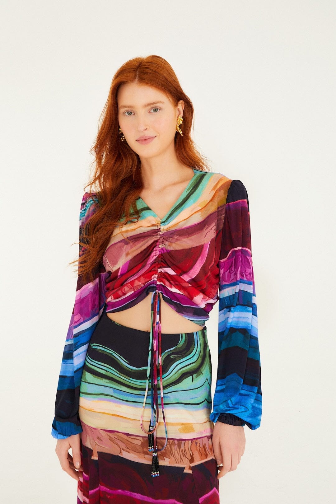 FARM Rio Sale Multicolor Precious Gems Long Sleeve Draped Top