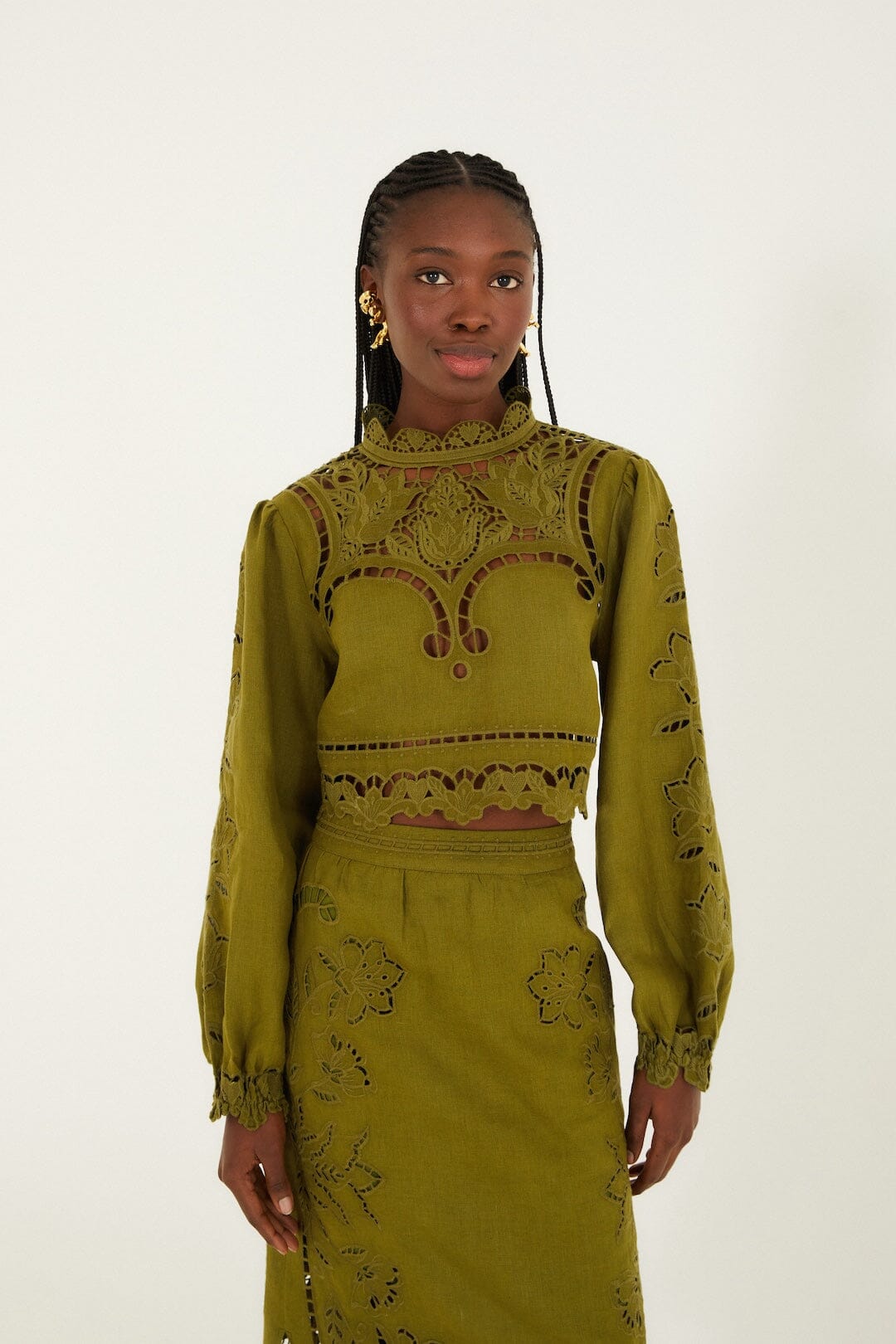 FARM Rio Sale Green Majestic Garden Euroflax Premium Linen Richelieu Blouse