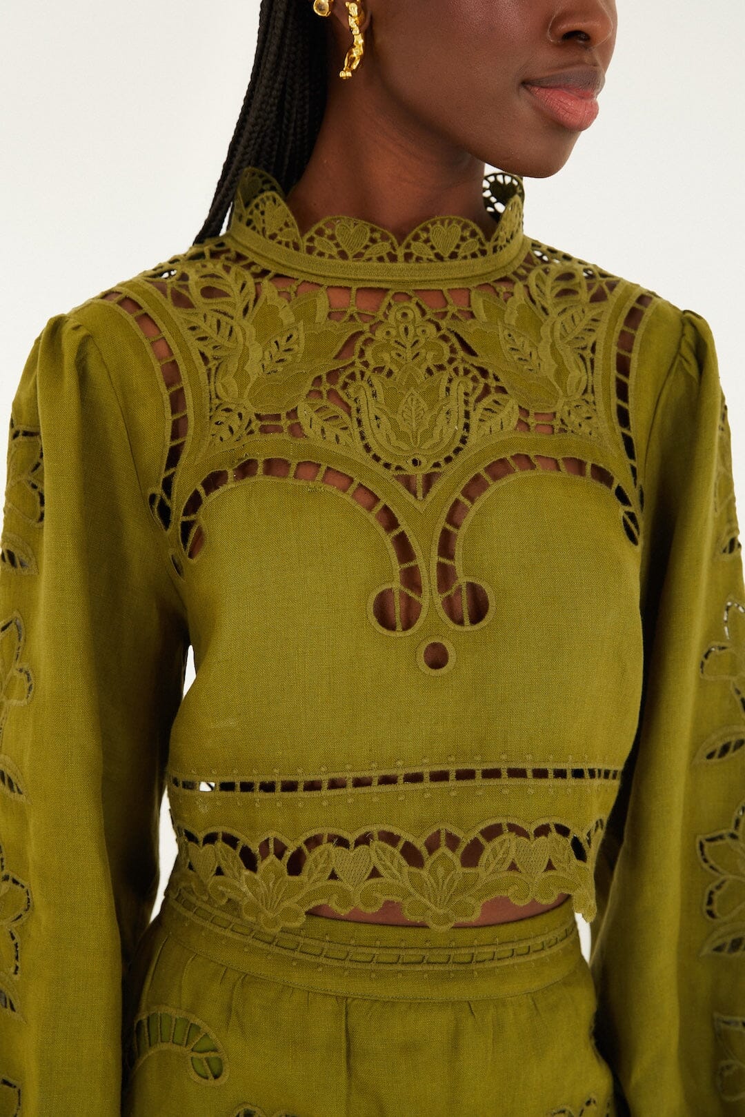 FARM Rio Sale Green Majestic Garden Euroflax Premium Linen Richelieu Blouse