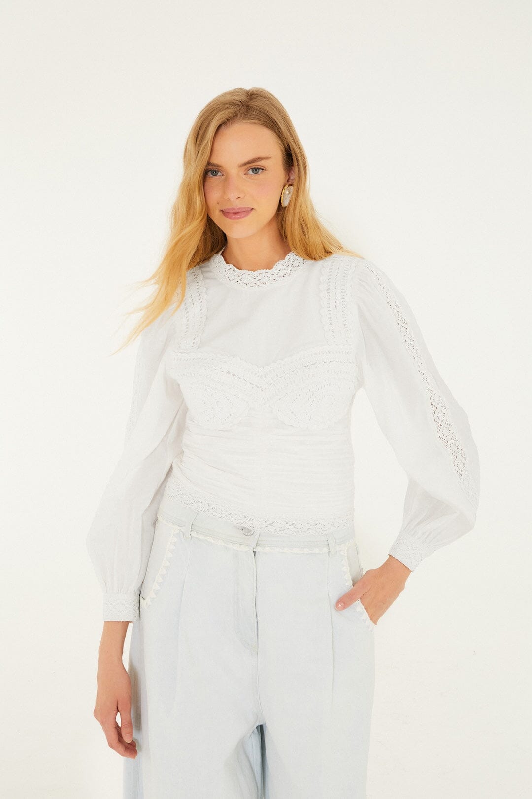 FARM Rio Sale Off-White Crew Neck Long Sleeve Crochet Blouse