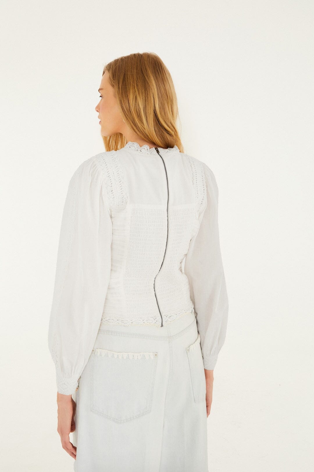 FARM Rio Sale Off-White Crew Neck Long Sleeve Crochet Blouse