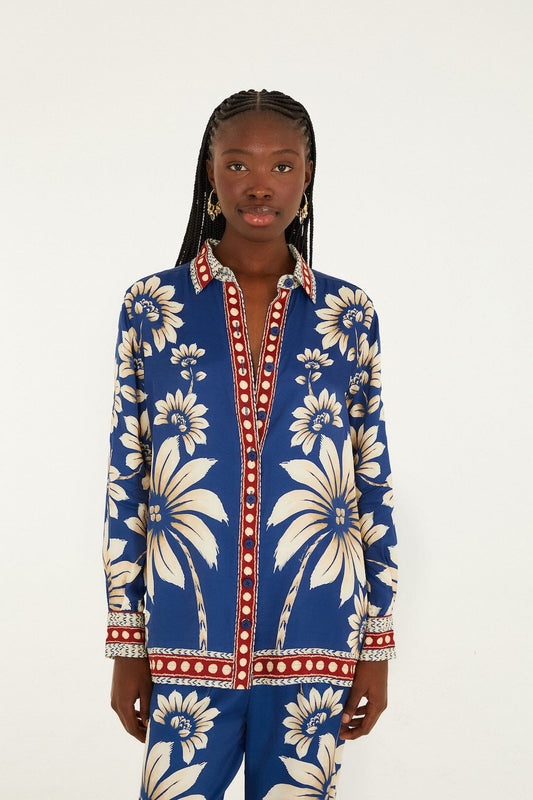 FARM Rio Sale Blue Luna Collared Lenzing Ecovero Viscose Pajama Shirt