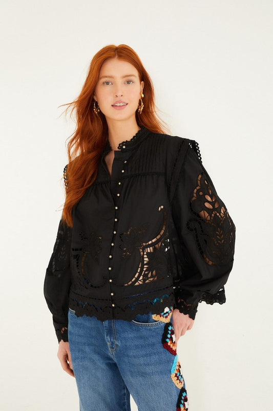FARM Rio Sale Black Richelieu Puff Sleeve Organic Cotton Blouse