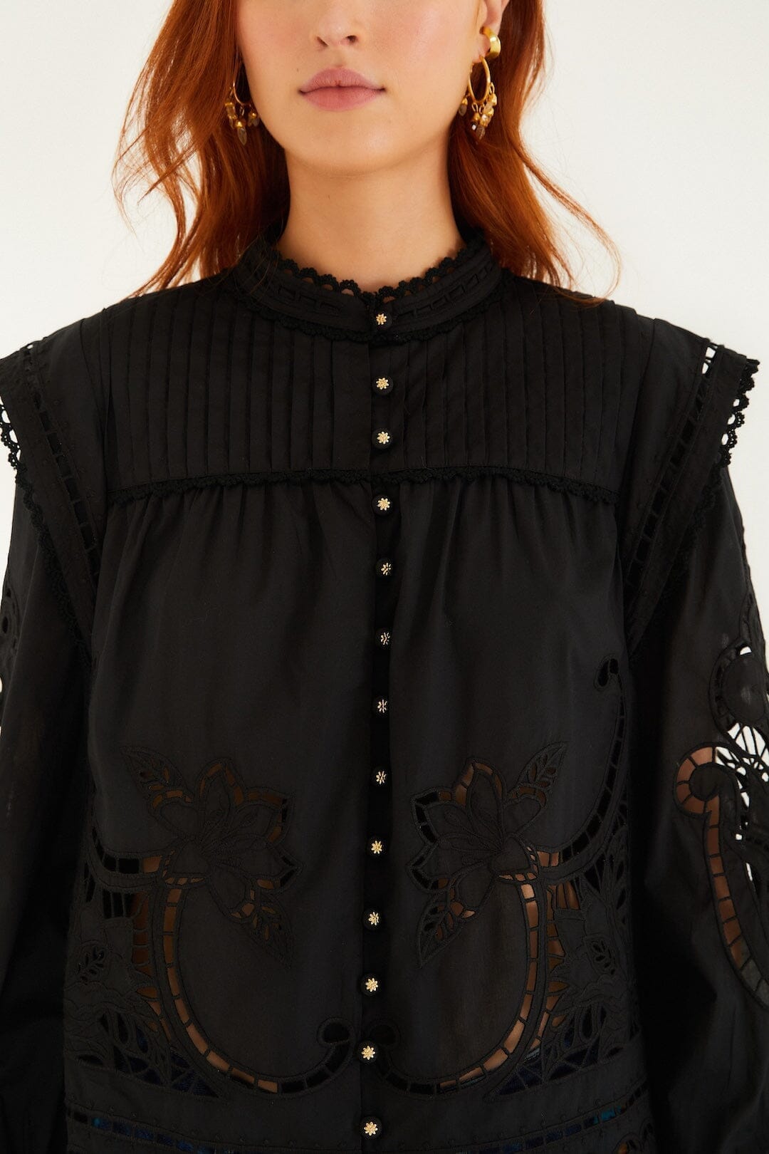 FARM Rio Sale Black Richelieu Puff Sleeve Organic Cotton Blouse