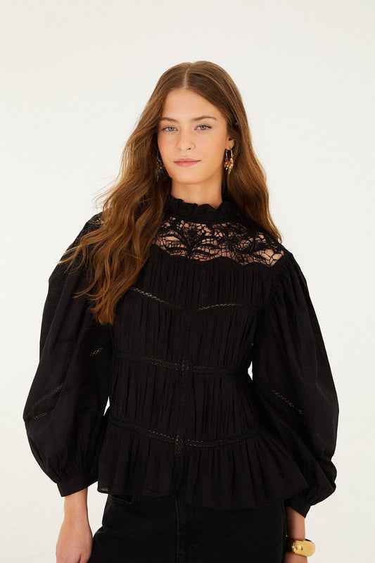 FARM Rio Sale Black Lace Puff Sleeve Blouse
