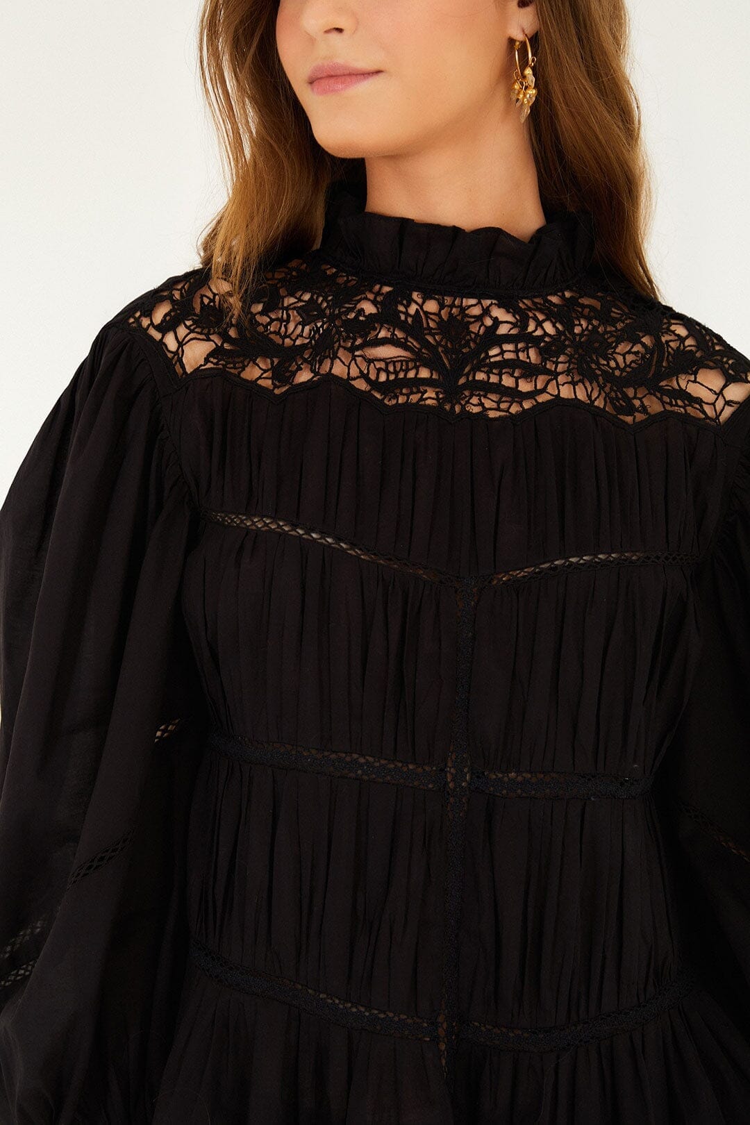 FARM Rio Sale Black Lace Puff Sleeve Blouse