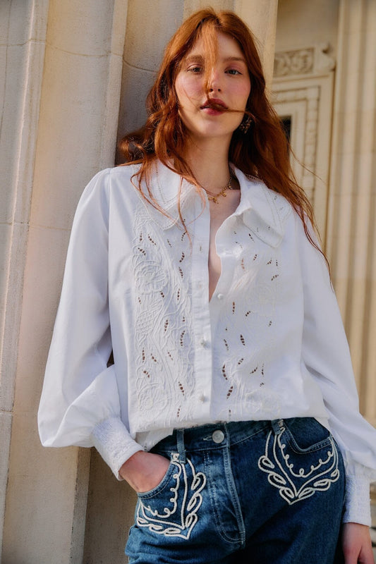 FARM Rio Sale Off-White Embroidered Lace Buttoned Smocked Cuff Shirt