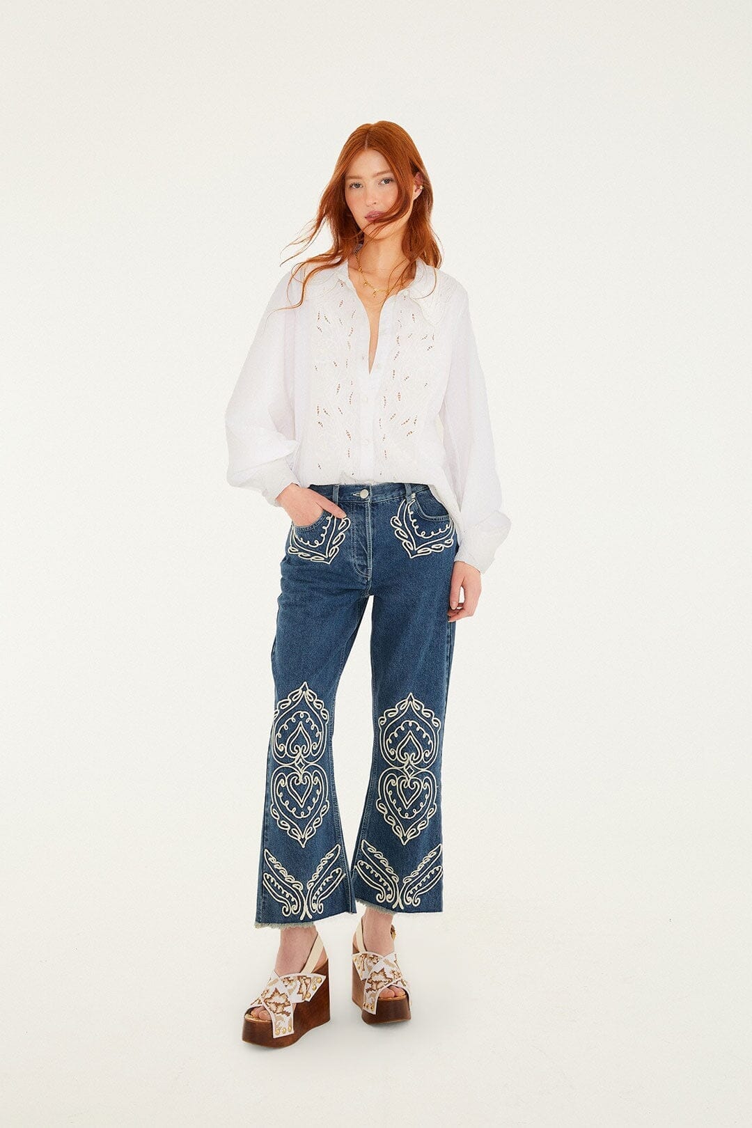 FARM Rio Sale Off-White Embroidered Lace Buttoned Smocked Cuff Shirt
