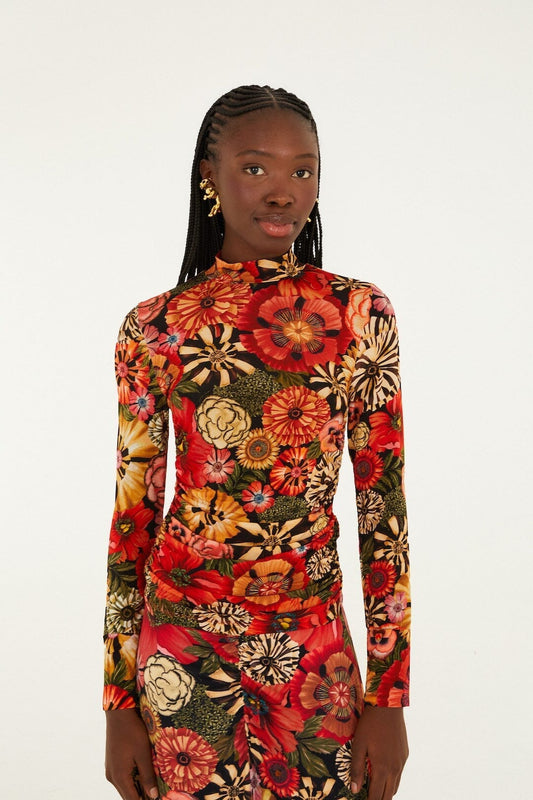 FARM Rio Sale Black Flowershop Ruched Waist Jersey Blouse
